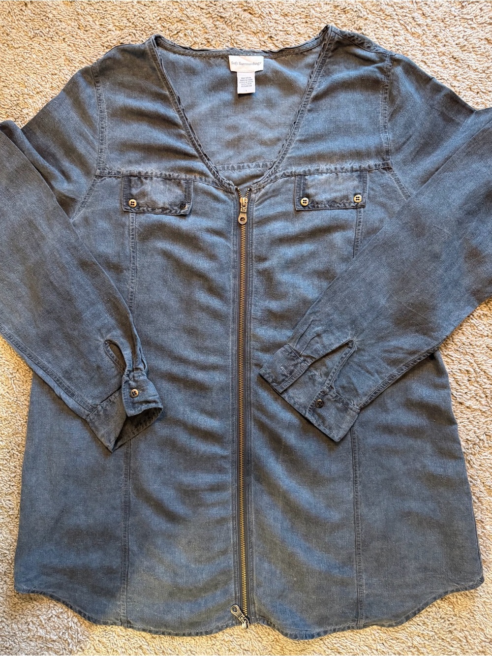 Soft Surroundings Linen Faded Grey Front Zip Chambray Jacket